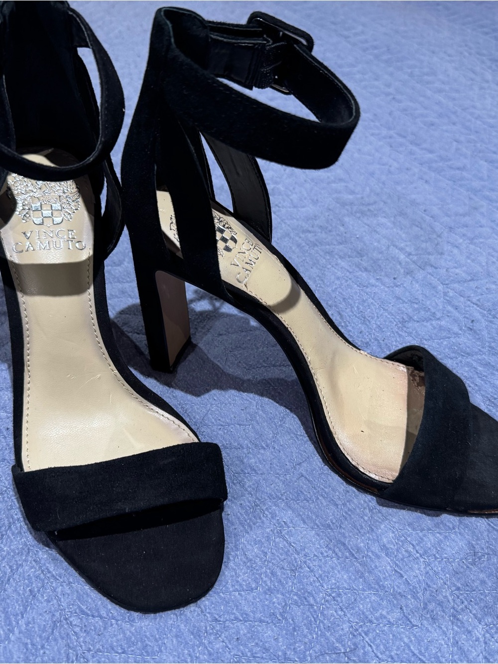 Vince Camuto Black Suede Ankle-Strap Block Heels